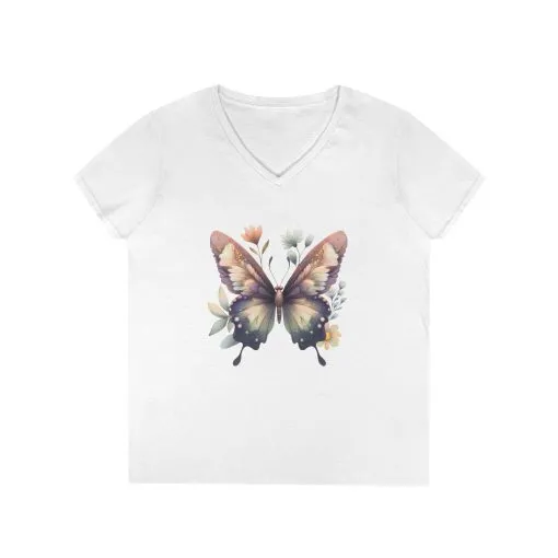 Butterfly Blossom Ladies' V-Neck T-Shirt - Floral Graphic Tee for Nature Lovers - Image 2