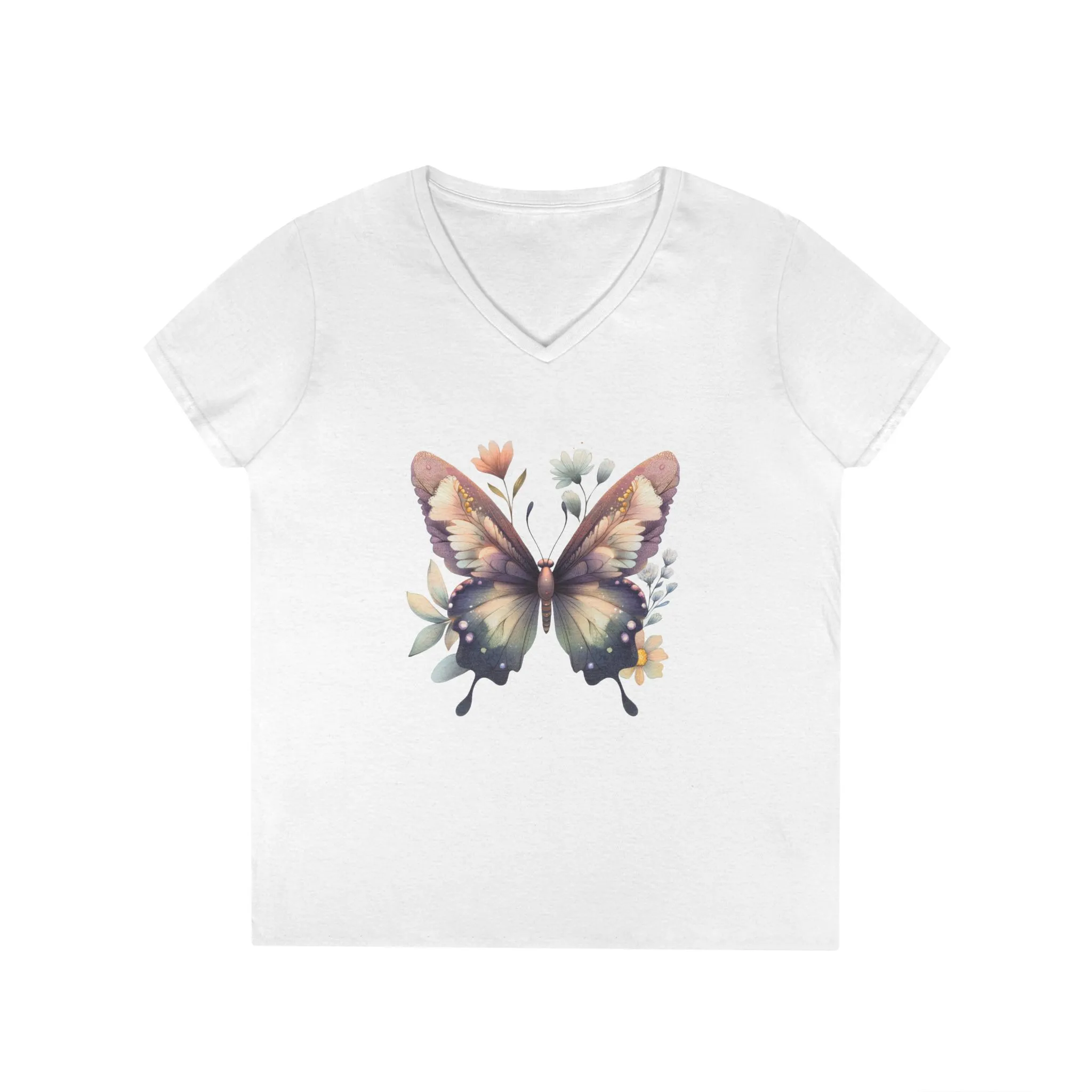 Butterfly Blossom Ladies' V-Neck T-Shirt - Floral Graphic Tee for Nature Lovers - Image 2