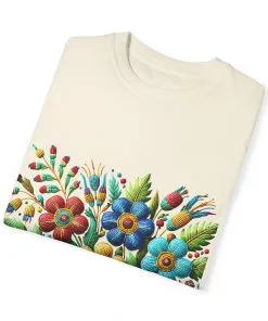 Colorful floral t-shirt with artistic flower print, vibrant unisex garment-dyed tee, bohemian botanical design t-shirt, handmade style floral print tee on light blue fabric.