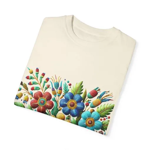 Colorful floral t-shirt with artistic flower print, vibrant unisex garment-dyed tee, bohemian botanical design t-shirt, handmade style floral print tee on light blue fabric.