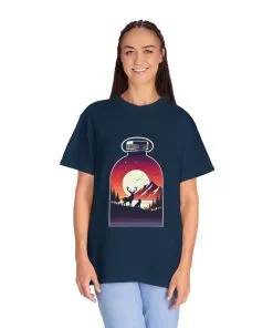 Adventure mountain t-shirt with deer and nature print, eco-friendly outdoor t-shirt, scenic wildlife graphic tee, unisex nature lover’s t-shirt.