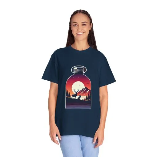 Adventure mountain t-shirt with deer and nature print, eco-friendly outdoor t-shirt, scenic wildlife graphic tee, unisex nature lover’s t-shirt.