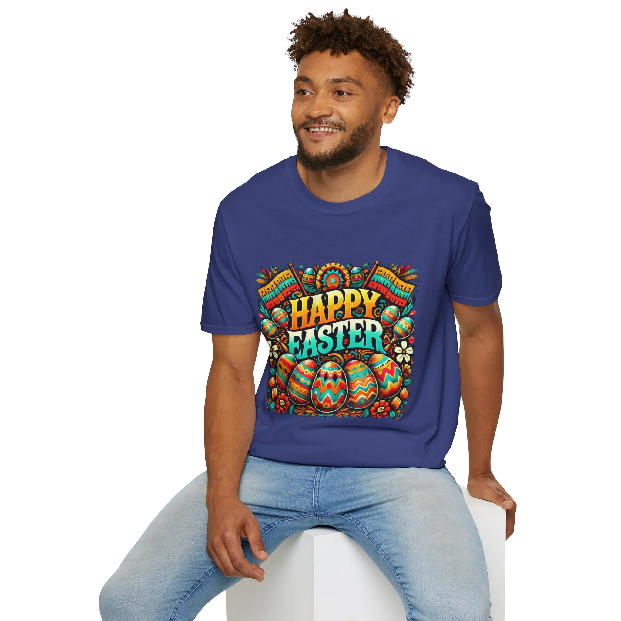 Happy Easter Unisex Softstyle T-Shirt - Colorful Easter Egg Design - Image 60