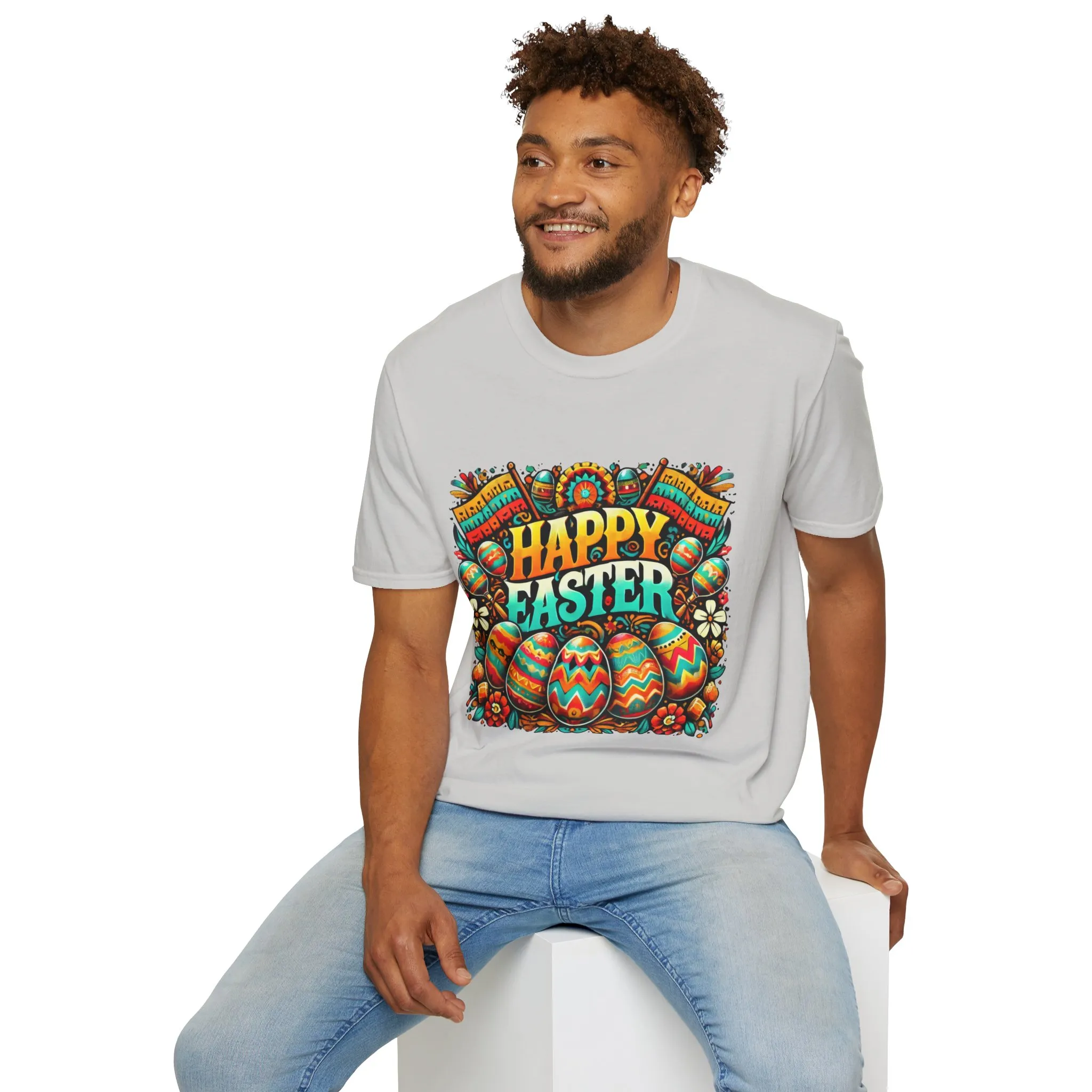 Happy Easter Unisex Softstyle T-Shirt - Colorful Easter Egg Design - Image 20