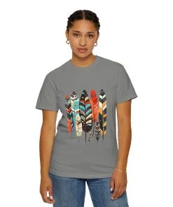 Colorful feather t-shirt with bohemian feather print, artistic tribal feather design tee, unisex boho chic feather graphic t-shirt on white fabric.