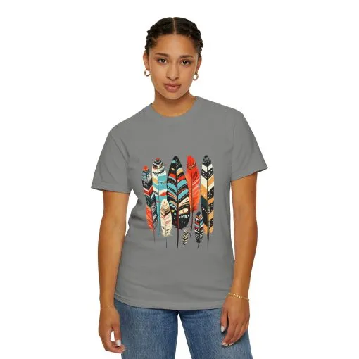 Colorful feather t-shirt with bohemian feather print, artistic tribal feather design tee, unisex boho chic feather graphic t-shirt on white fabric.