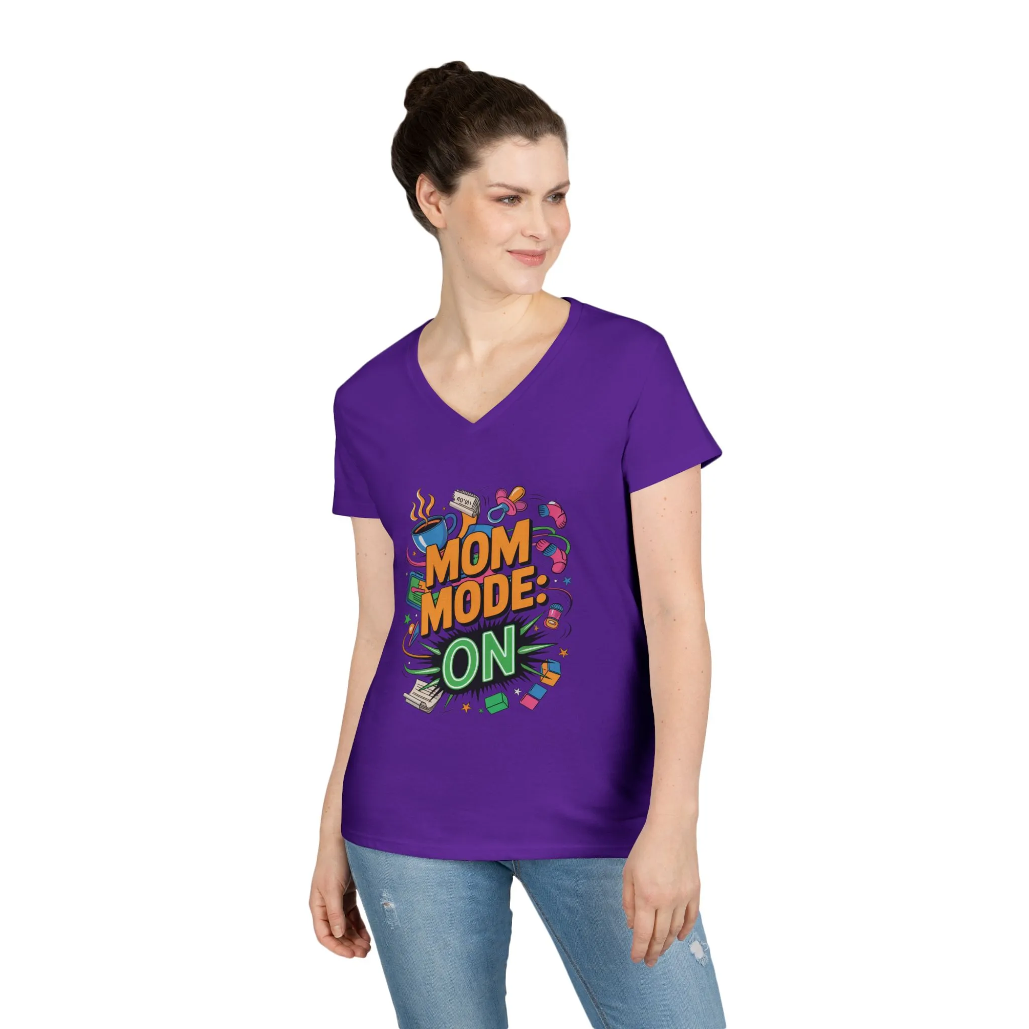 Mom Mode On Ladies V-Neck T-Shirt, Gift for Mom, Mother's Day Gift, Mother's Day Humor T-Shirt, Cute Mama Life Graphic Tee