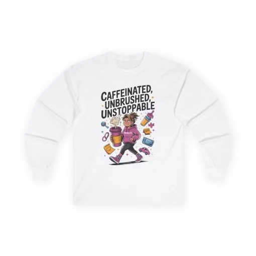 Caffeinated Mom Long Sleeve, Mother's Day Gift,New Mother Tired Mother Gift, Coffee Lover Gift, Coffee Addict Mom Long Sleeve Tee - Image 2