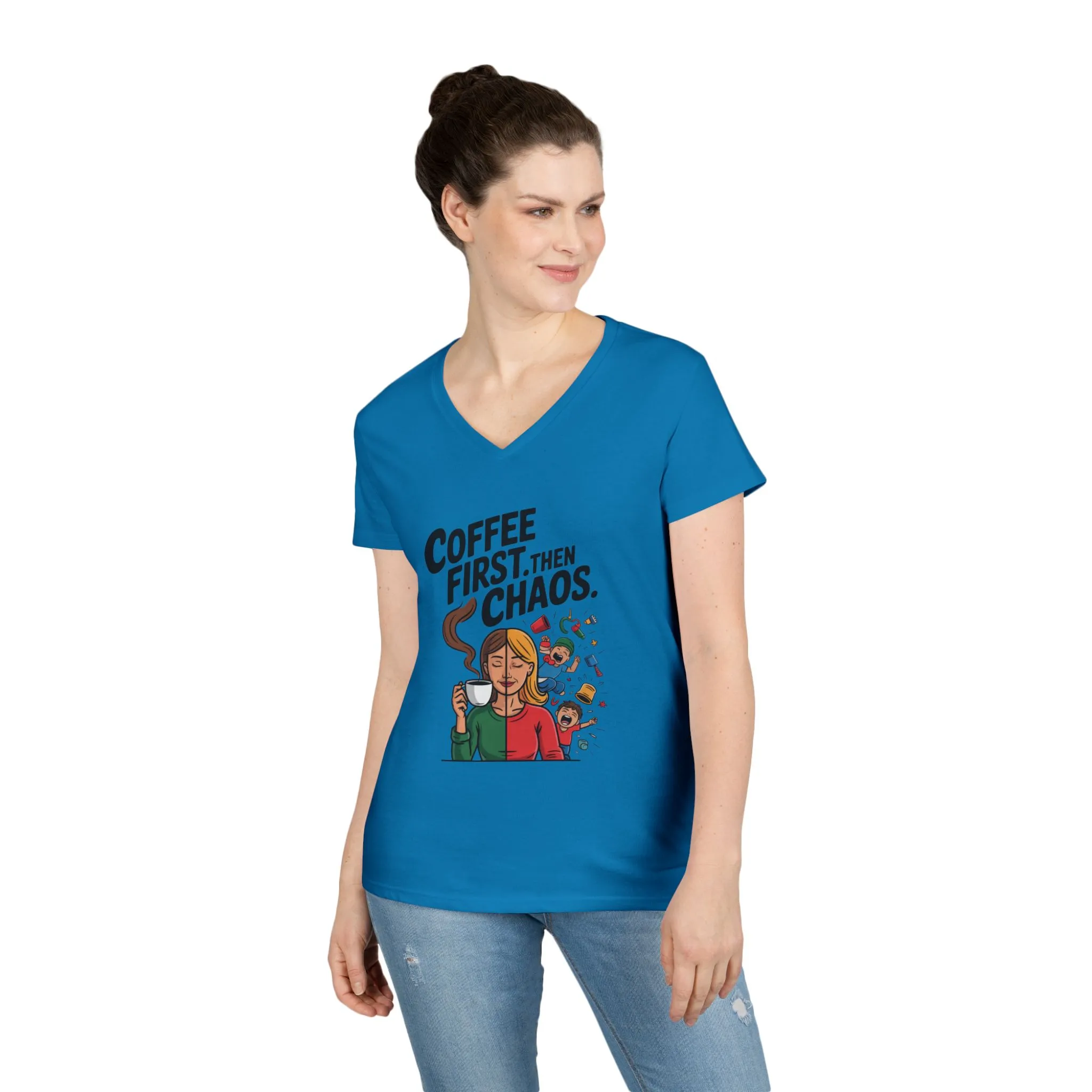 Coffee First Then Chaos V-Neck T-Shirt, Funny Mom Life Shirt, Mother's Day Gift, Mom Humor Tee, mom graphic tee, caffeine lover tee - Image 8