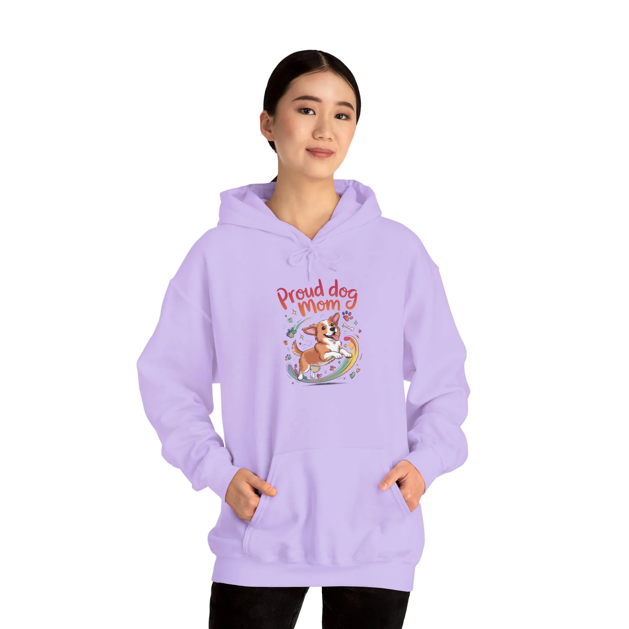 Proud Dog Mom Hoodie, Gift for Dog Owners, Dog Lover Apparel, Mother's Day Gift, Hooded Sweatshirt, Corgi Rainbow Print
