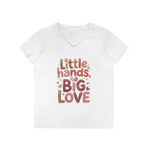 Ladies' V-Neck T-Shirt,Little Hands, Big Love, Perfect for Moms, Gifts, Family Events, Baby Showers, Everyday Wear, Cute Tee, mother's day - Image 2