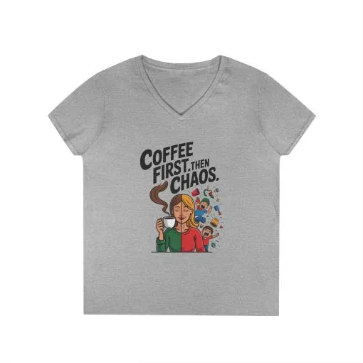 Coffee First Then Chaos V-Neck T-Shirt, Funny Mom Life Shirt, Mother's Day Gift, Mom Humor Tee, mom graphic tee, caffeine lover tee - Image 3
