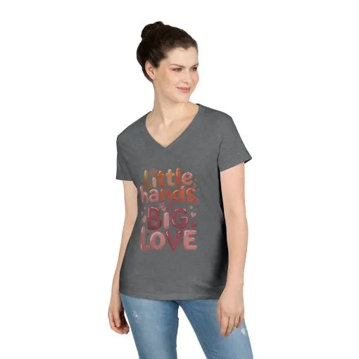 Ladies' V-Neck T-Shirt,Little Hands, Big Love, Perfect for Moms, Gifts, Family Events, Baby Showers, Everyday Wear, Cute Tee, mother's day - Image 6