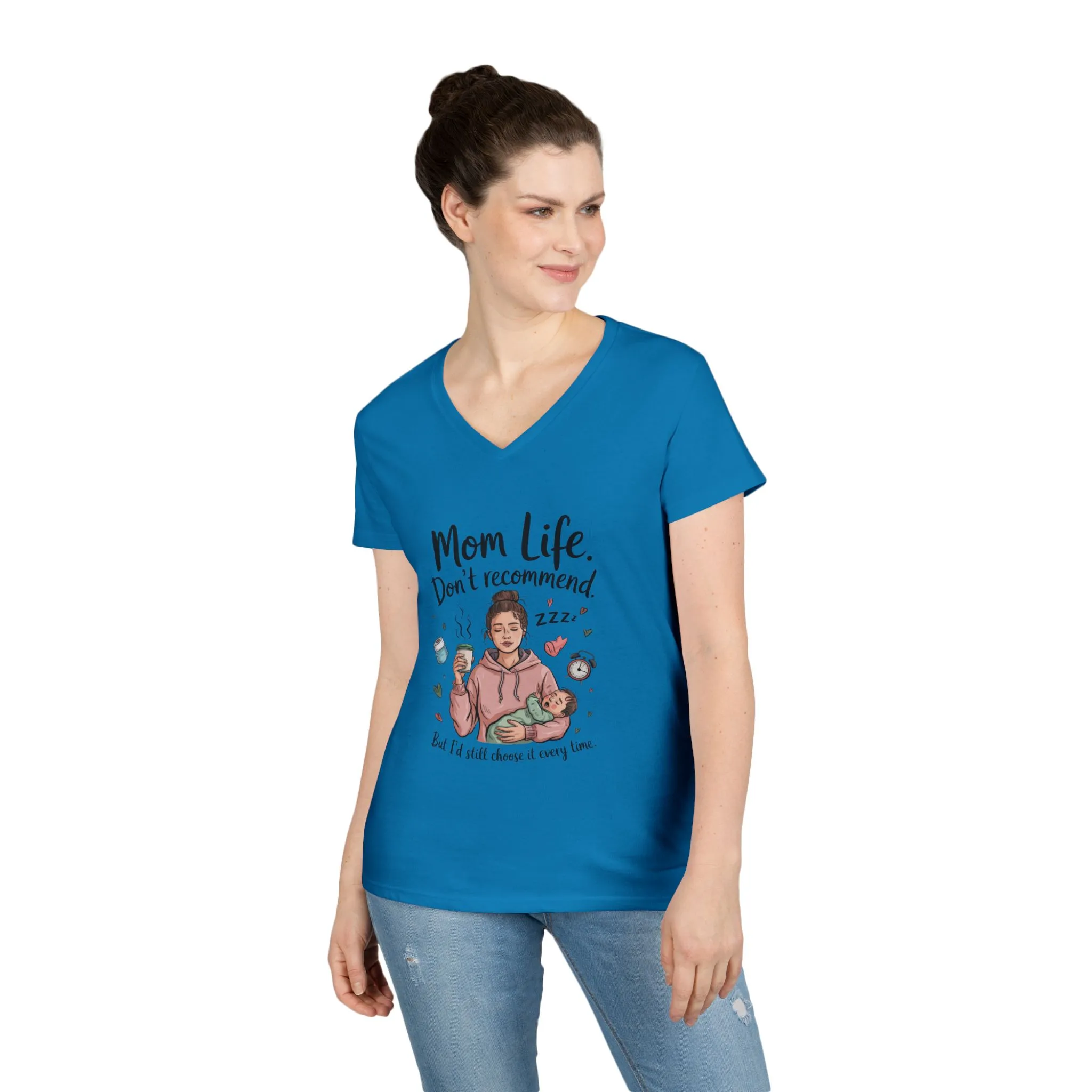 Mom Life V-Neck T-Shirt, Don't Recommend But I'd Choose It Every Time, New Mom Gift, Tired Mama Humor Tee, Baby Shower Gift, Funny Mom Shirt - Image 8