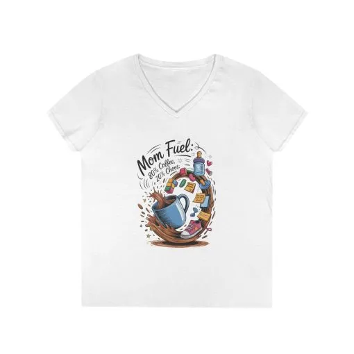 Mom Fuel V-Neck T-Shirt, Funny Coffee Lover V-Neck T-Shirt, Gift for Moms, Mother's Day, Casual Wear, Pajama Top