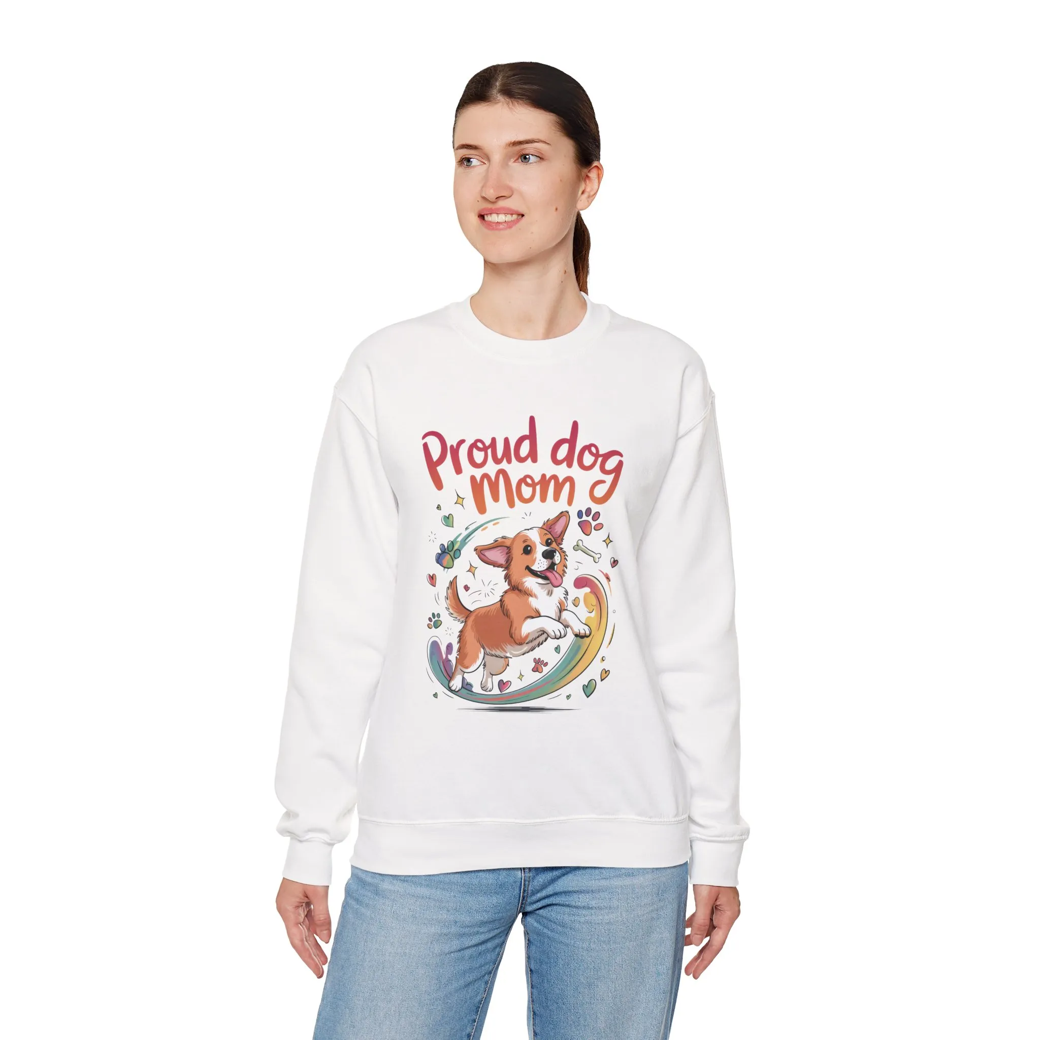 Proud Dog Mom Crewneck Sweatshirt, Pet Lover Gift, Dog Mom Apparel, Animal Lover Clothing, Gift for Dog Moms, Puppy Paw Rainbow Print