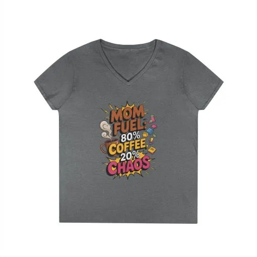 Mom Fuel V-Neck T-Shirt, Funny Gift for Moms, Coffee Lovers, Mother's Day, Everyday Humor, Tired Mom Life Tee, Coffee Loving Moms - Image 5
