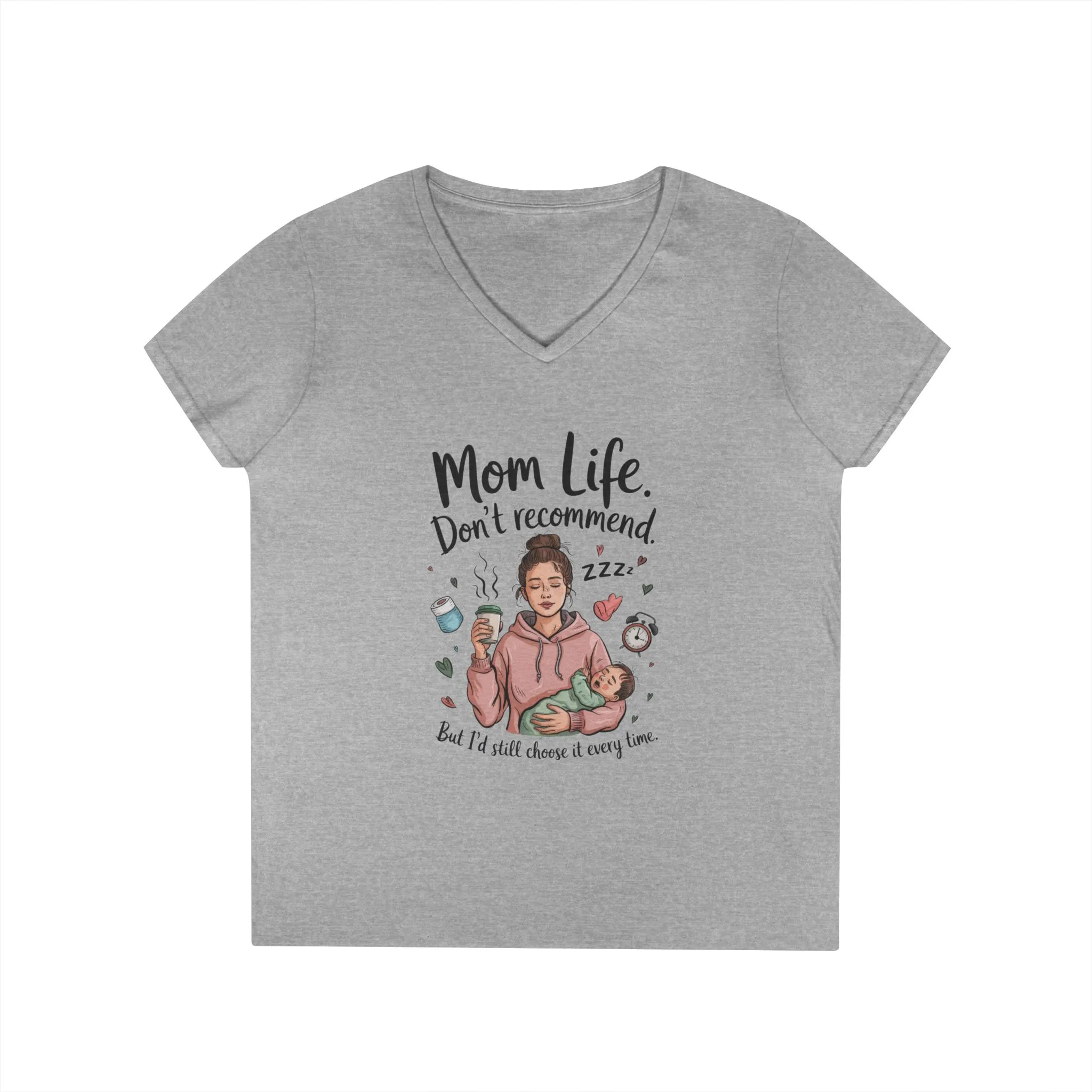 Mom Life V-Neck T-Shirt, Don't Recommend But I'd Choose It Every Time, New Mom Gift, Tired Mama Humor Tee, Baby Shower Gift, Funny Mom Shirt - Image 3