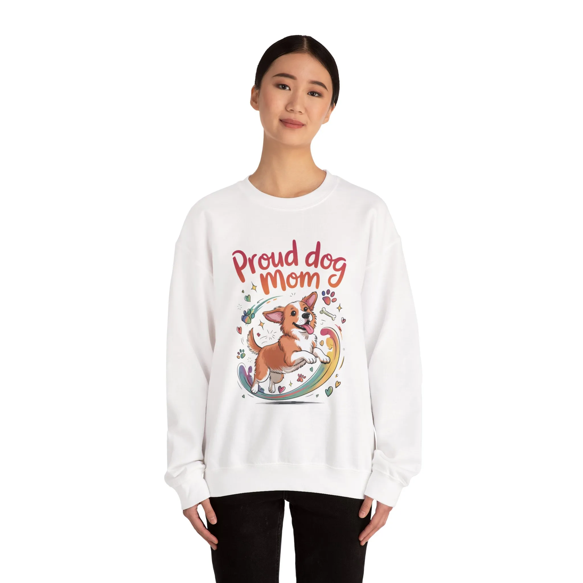 Proud Dog Mom Crewneck Sweatshirt, Pet Lover Gift, Dog Mom Apparel, Animal Lover Clothing, Gift for Dog Moms, Puppy Paw Rainbow Print - Image 4