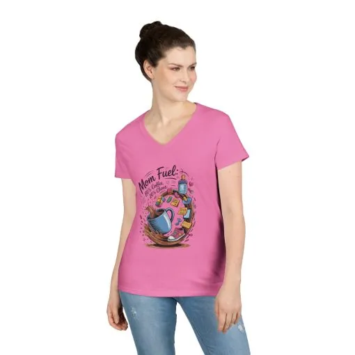 Mom Fuel V-Neck T-Shirt, Funny Coffee Lover V-Neck T-Shirt, Gift for Moms, Mother's Day, Casual Wear, Pajama Top - Image 14