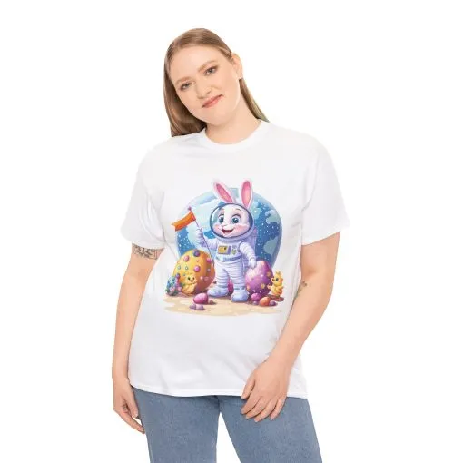 Space Bunny Unisex Heavy Cotton Tee - Cute Astronaut Design for Easter and Fun Occasions - Image 3