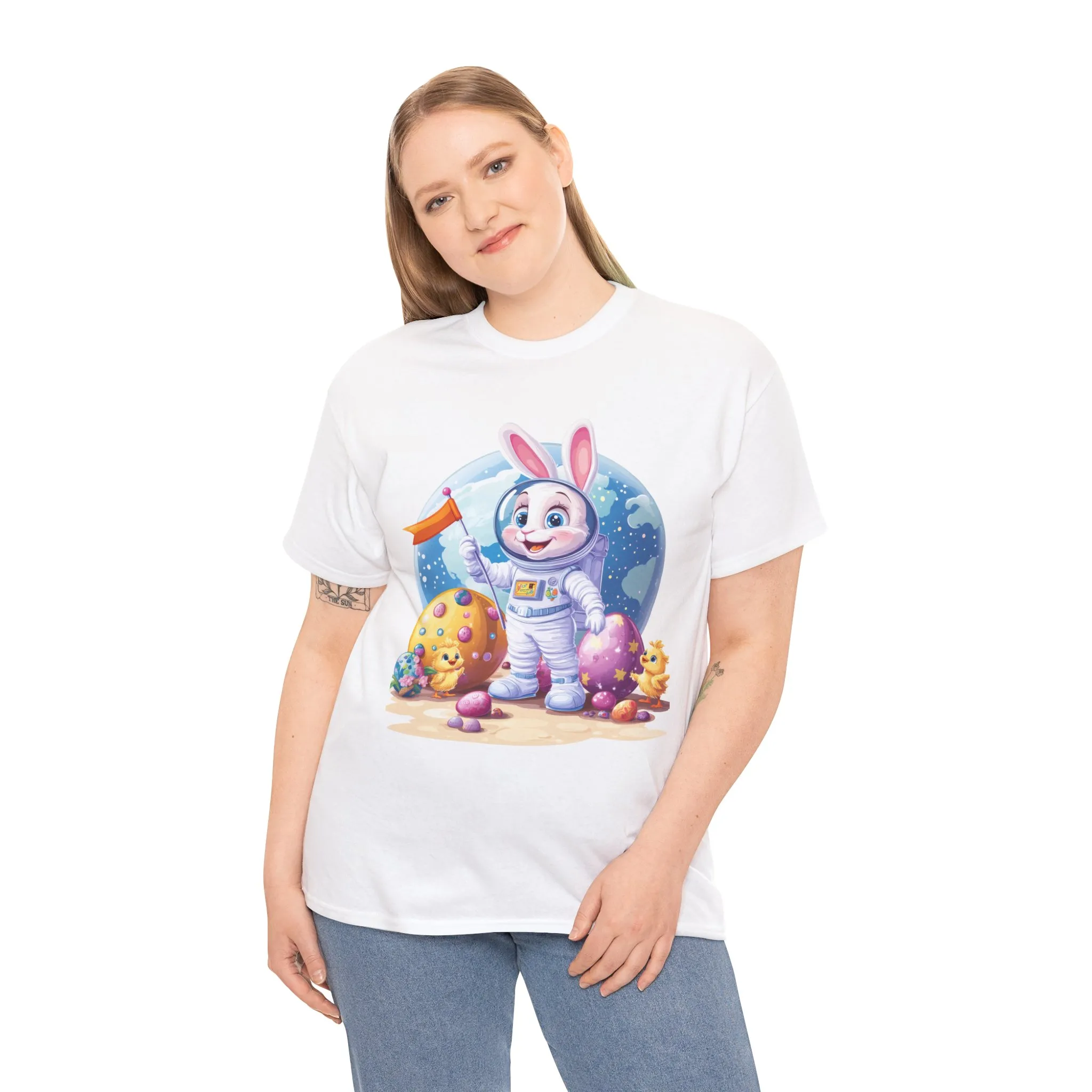 Space Bunny Unisex Heavy Cotton Tee - Cute Astronaut Design for Easter and Fun Occasions - Image 3