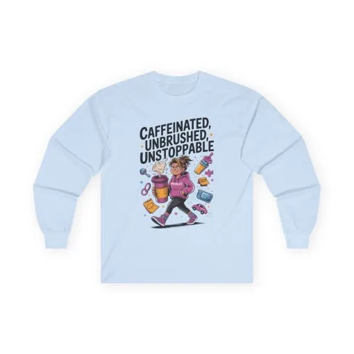 Caffeinated Mom Long Sleeve, Mother's Day Gift,New Mother Tired Mother Gift, Coffee Lover Gift, Coffee Addict Mom Long Sleeve Tee - Image 4