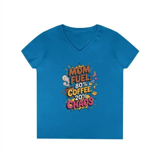 Mom Fuel V-Neck T-Shirt, Funny Gift for Moms, Coffee Lovers, Mother's Day, Everyday Humor, Tired Mom Life Tee, Coffee Loving Moms - Image 7