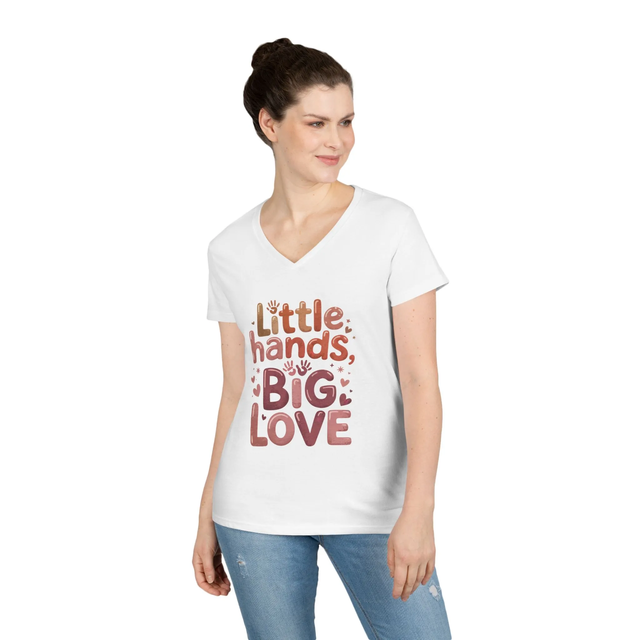 Ladies' V-Neck T-Shirt,Little Hands, Big Love, Perfect for Moms, Gifts, Family Events, Baby Showers, Everyday Wear, Cute Tee, mother's day