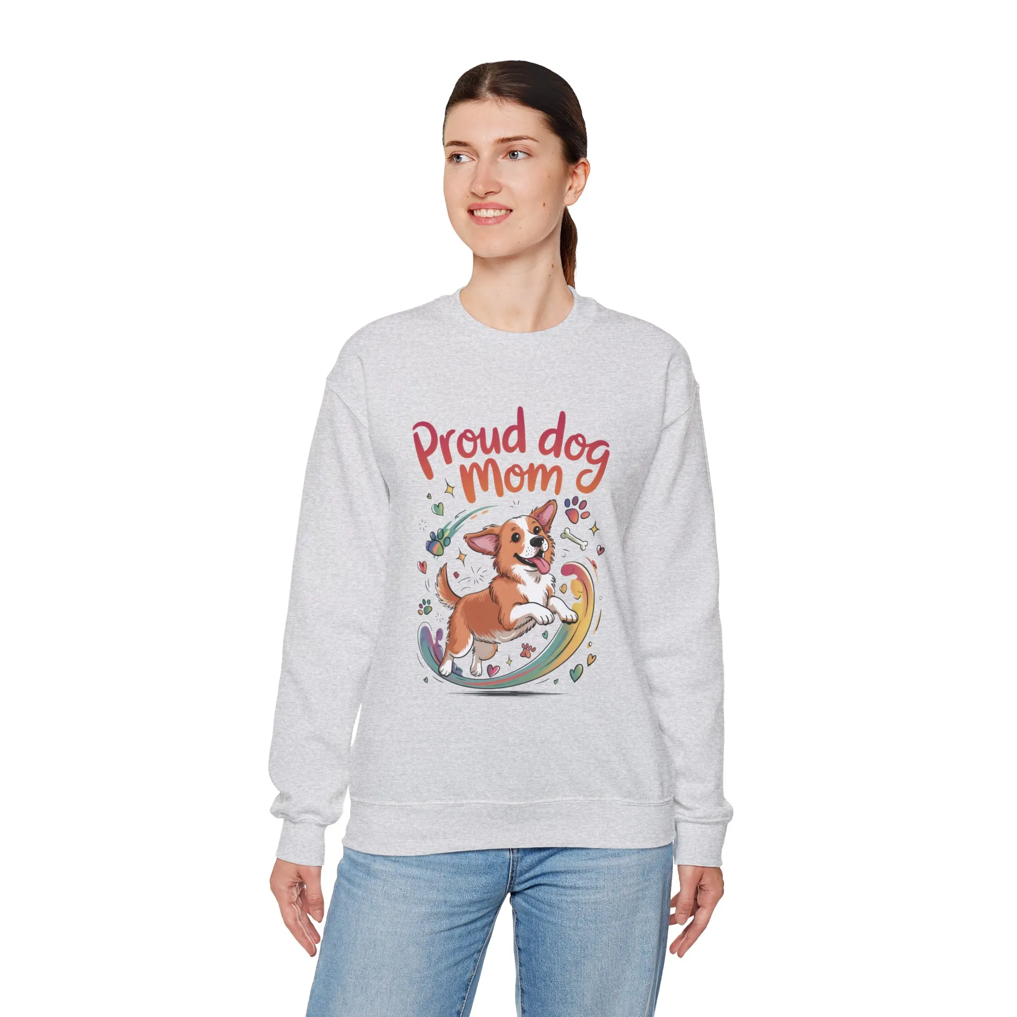 Proud Dog Mom Crewneck Sweatshirt, Pet Lover Gift, Dog Mom Apparel, Animal Lover Clothing, Gift for Dog Moms, Puppy Paw Rainbow Print - Image 8