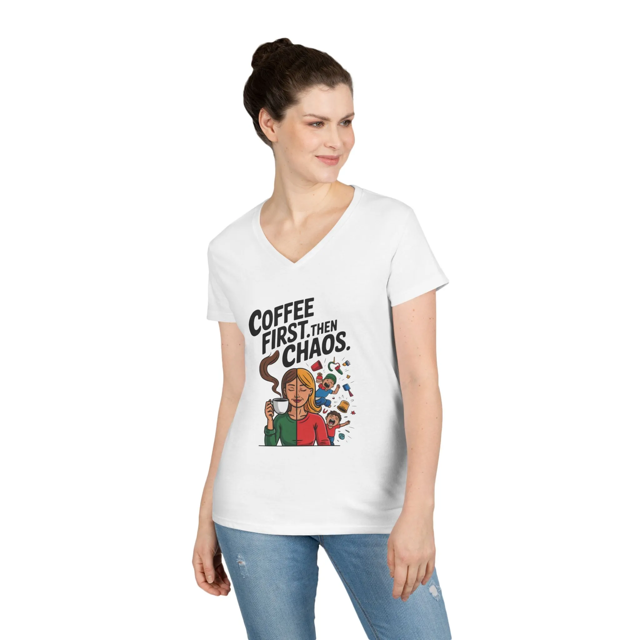 Coffee First Then Chaos V-Neck T-Shirt, Funny Mom Life Shirt, Mother's Day Gift, Mom Humor Tee, mom graphic tee, caffeine lover tee - Image 2