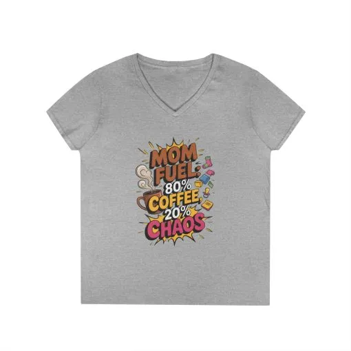 Mom Fuel V-Neck T-Shirt, Funny Gift for Moms, Coffee Lovers, Mother's Day, Everyday Humor, Tired Mom Life Tee, Coffee Loving Moms - Image 3