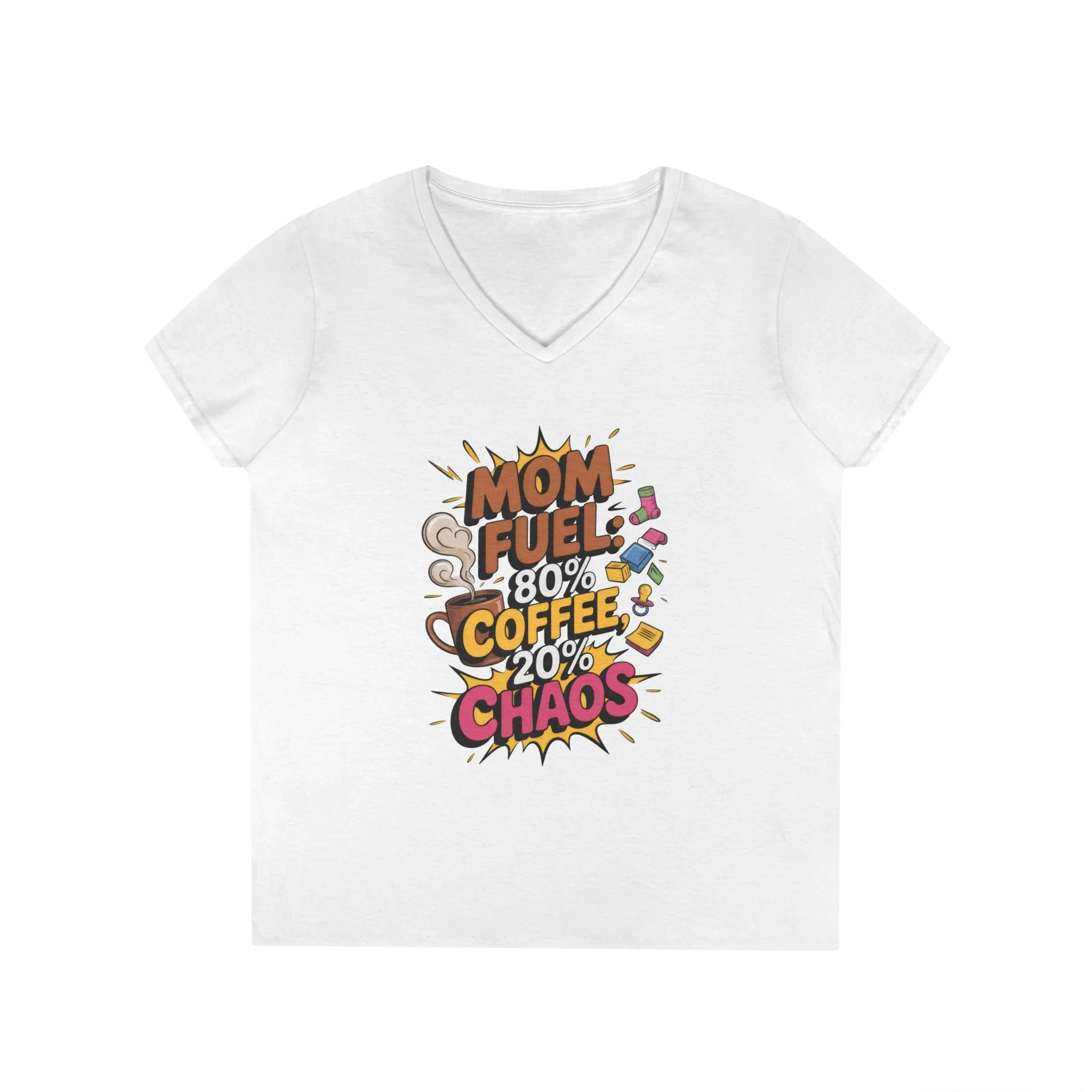Mom Fuel V-Neck T-Shirt, Funny Gift for Moms, Coffee Lovers, Mother's Day, Everyday Humor, Tired Mom Life Tee, Coffee Loving Moms