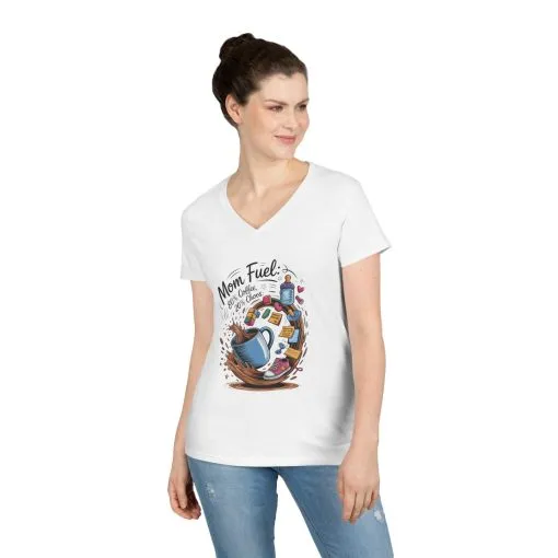 Mom Fuel V-Neck T-Shirt, Funny Coffee Lover V-Neck T-Shirt, Gift for Moms, Mother's Day, Casual Wear, Pajama Top - Image 2