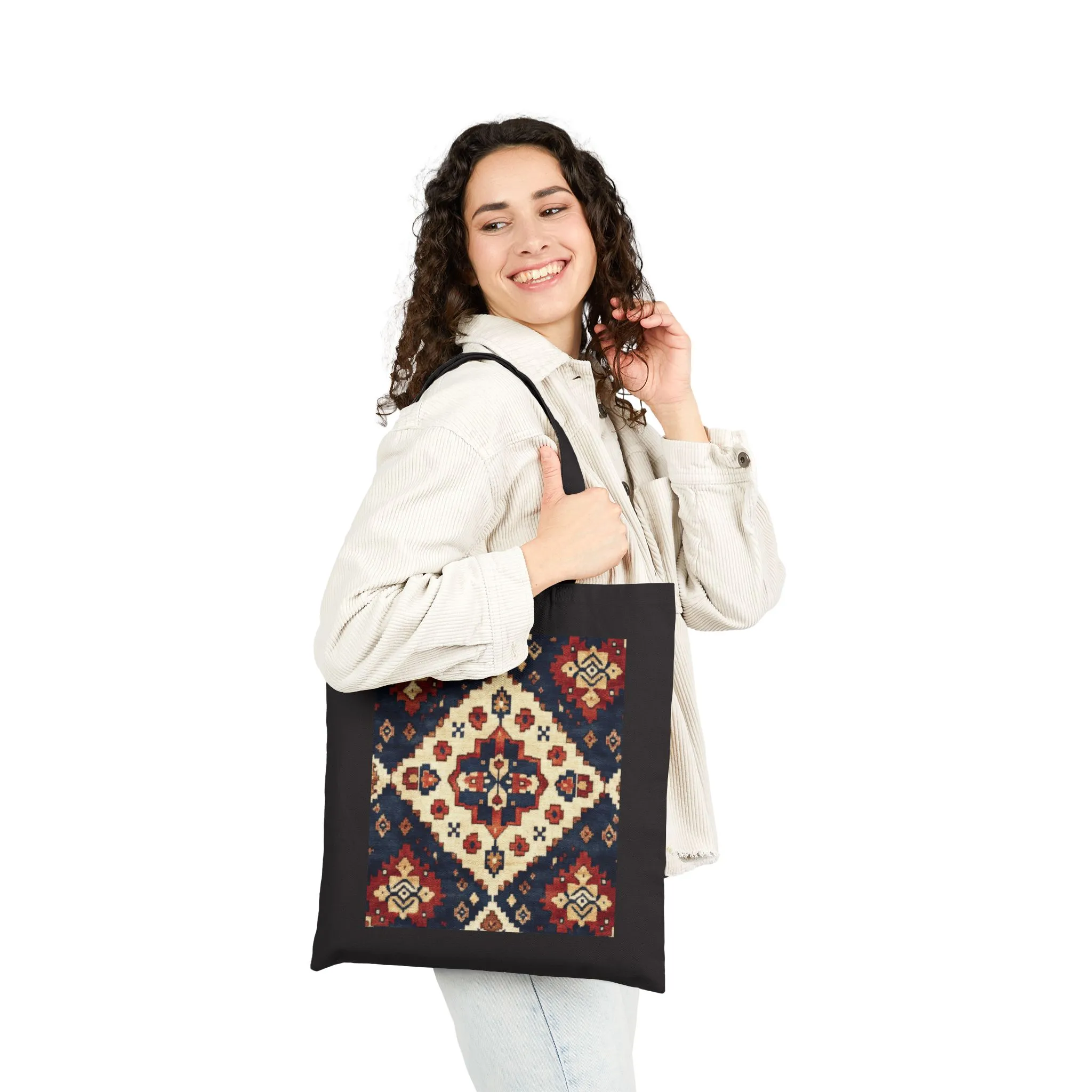 Boho Cotton Canvas Tote Bag, Shopping Bag for Everyday Use, Beach, Grocery, Gifts, Sustainable Style, Traditional Turkish Carpet Pattern - Image 4