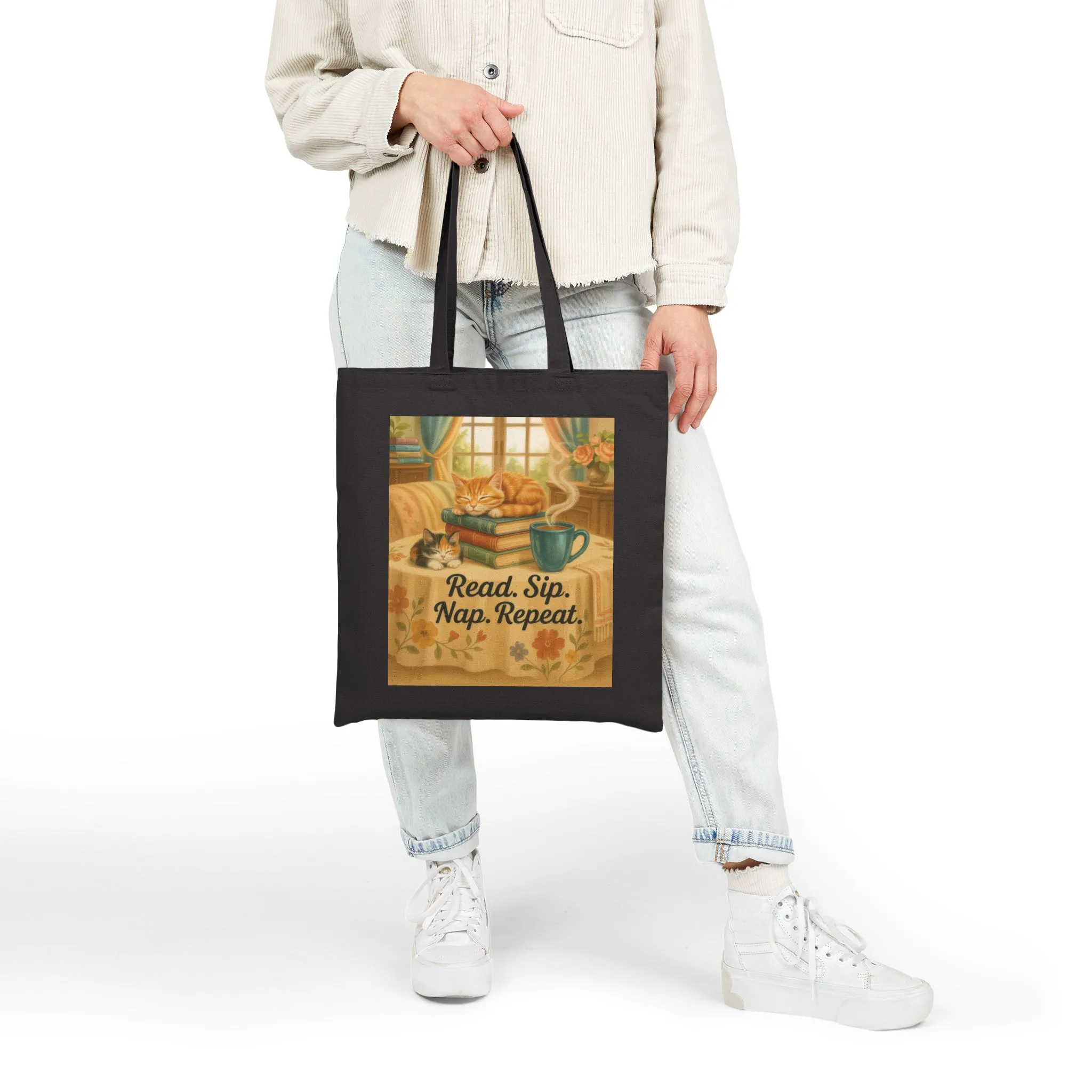 Cute Cotton Canvas Tote Bag, Read Sip Nap Repeat, Perfect for Book Lovers, Cat Lovers, Eco-Friendly Gift, Reusable Shopping Bag, Charming - Image 7
