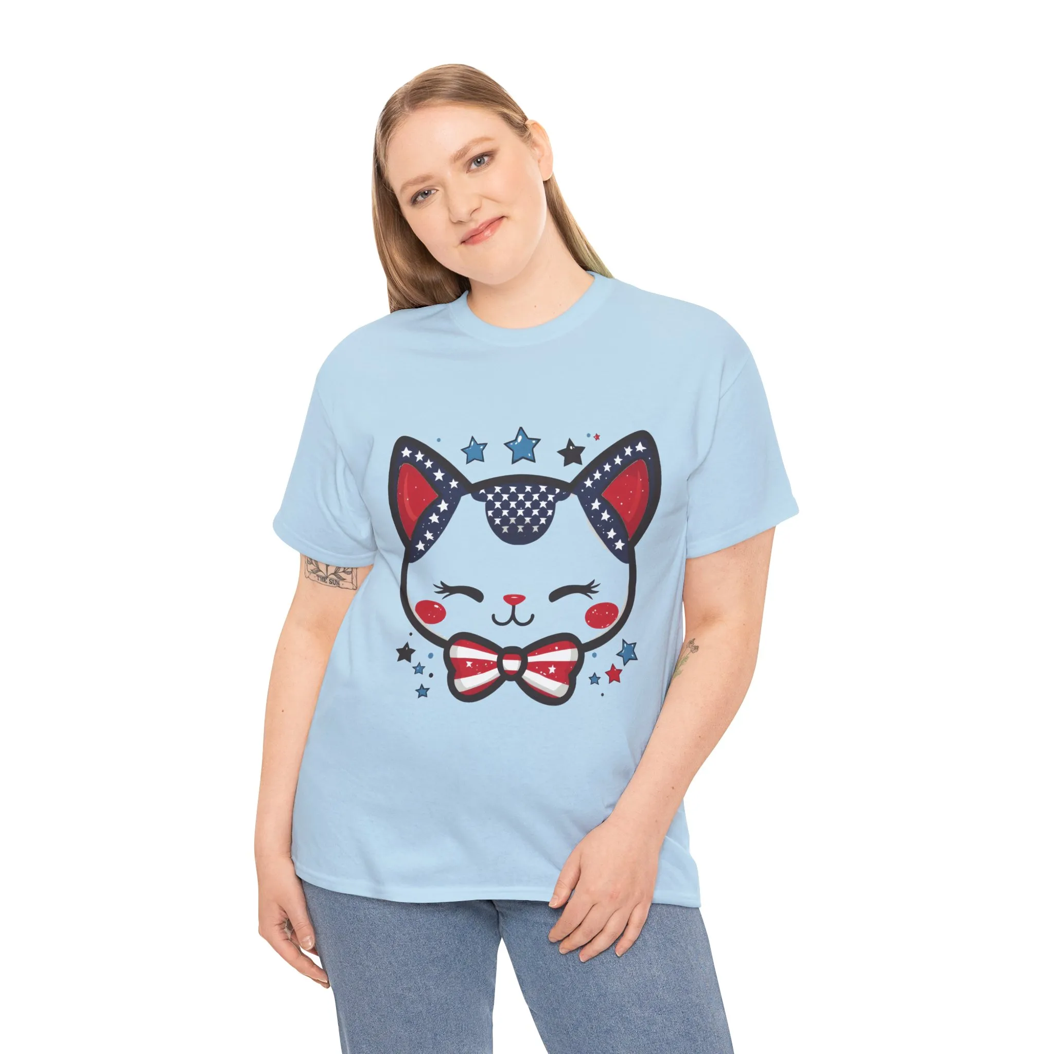 Cute Patriotic Cat Tee, Women's Heavy Cotton Shirt for Cat Lovers, Fourth of July T-Shirt, Fun Gift for Pet Owners, Summer Casual Wear - Image 18