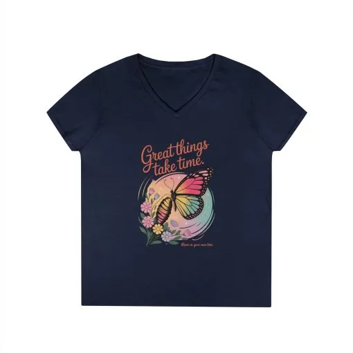 Inspiring Ladies' V-Neck T-Shirt, Great Things Take Time Butterfly Design, Relaxation, Motivation, Nature, Motivational Women's Tee - Image 13