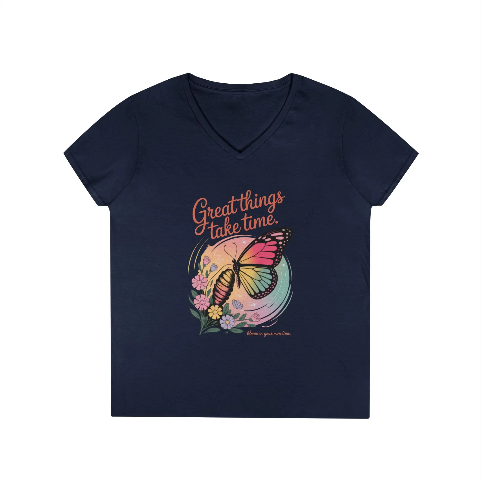 Inspiring Ladies' V-Neck T-Shirt, Great Things Take Time Butterfly Design, Relaxation, Motivation, Nature, Motivational Women's Tee - Image 13