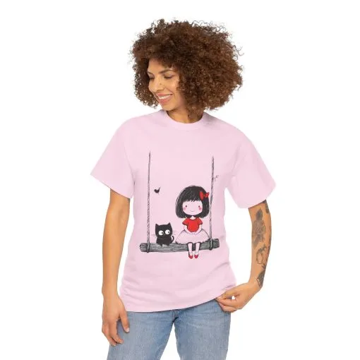 Cute Cat & Girl Graphic Tee, Playful Gift for Cat Lovers, Cat and Girl Design, Gift for Cat Owners, Women's Cotton T-Shirt - Image 19