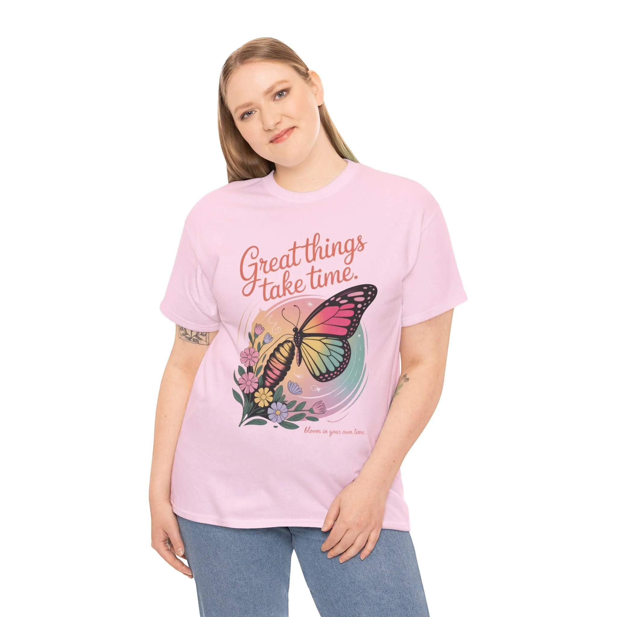 Butterfly Motivational Women's Heavy Cotton Tee, Great Things Take Time Shirt, Gift for Nature Lovers, Inspirational Apparel, Summer Outfit - Image 2