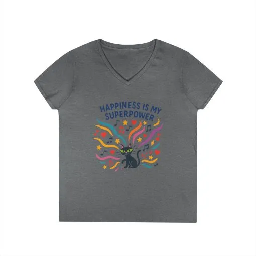 Happiness Is My Superpower V-Neck T-Shirt, Cat Lover Tee, Gift for Her, Cute Graphic Shirt, Music Enthusiast Apparel, Funny Cat Shirt - Image 7
