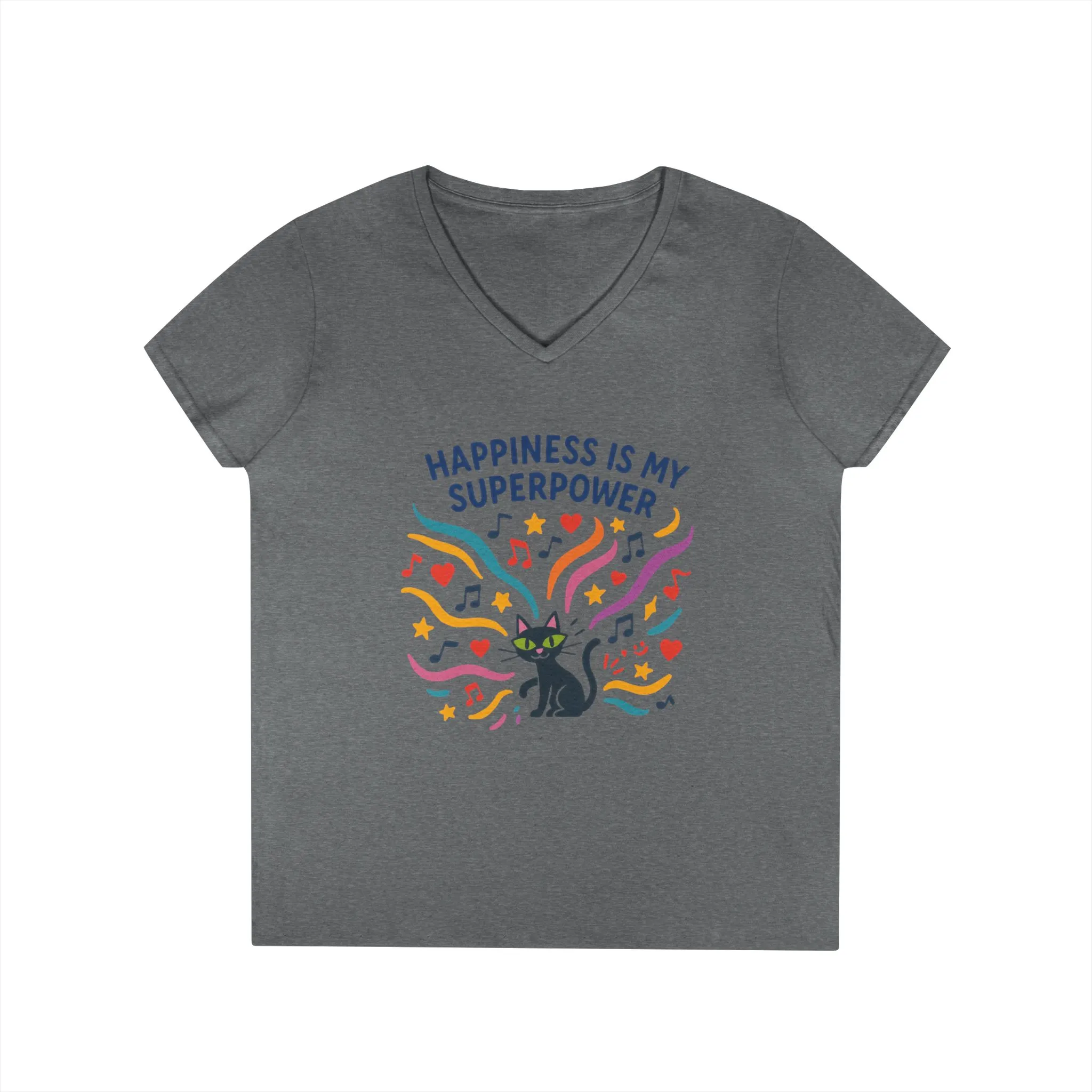 Happiness Is My Superpower V-Neck T-Shirt, Cat Lover Tee, Gift for Her, Cute Graphic Shirt, Music Enthusiast Apparel, Funny Cat Shirt - Image 7