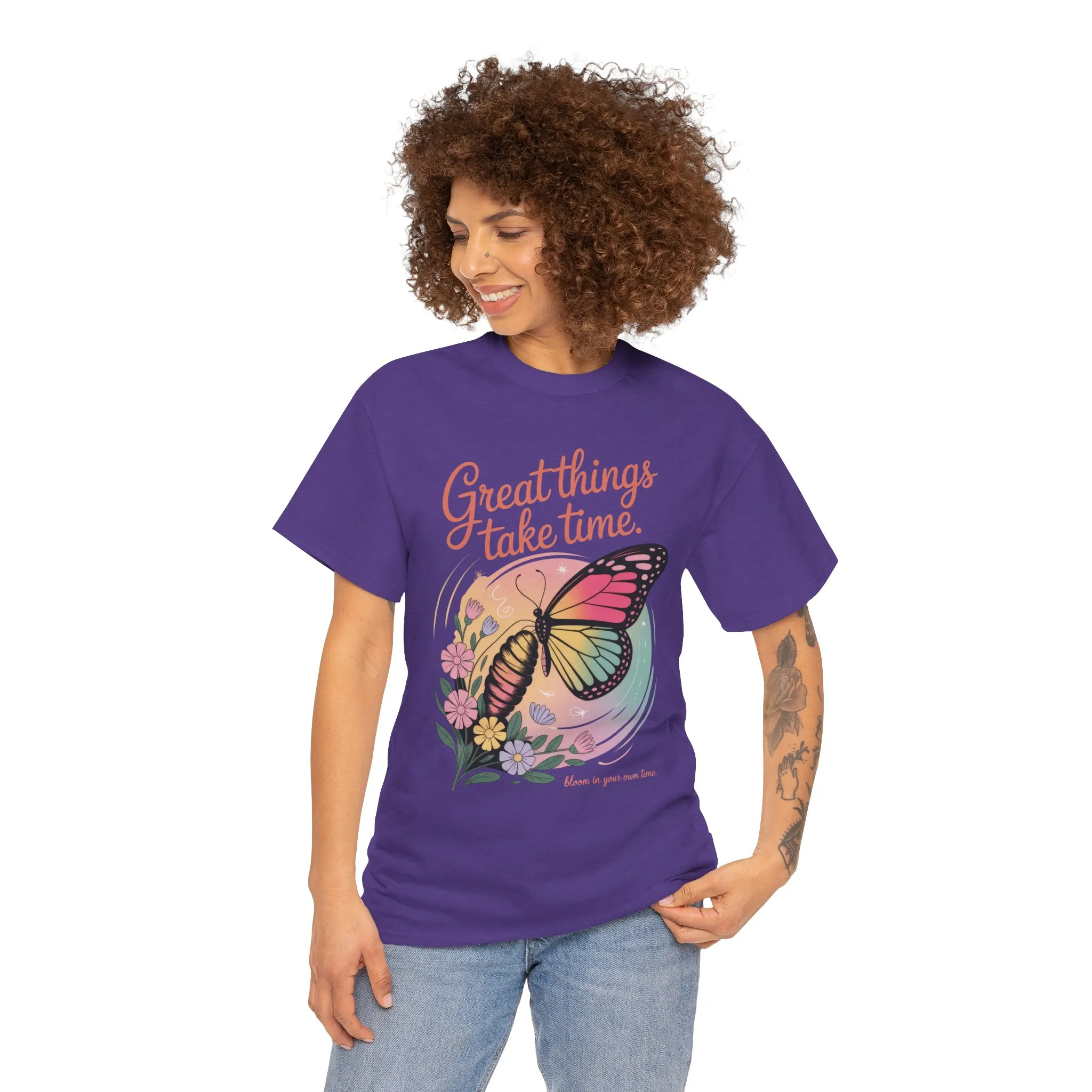 Butterfly Motivational Women's Heavy Cotton Tee, Great Things Take Time Shirt, Gift for Nature Lovers, Inspirational Apparel, Summer Outfit - Image 28