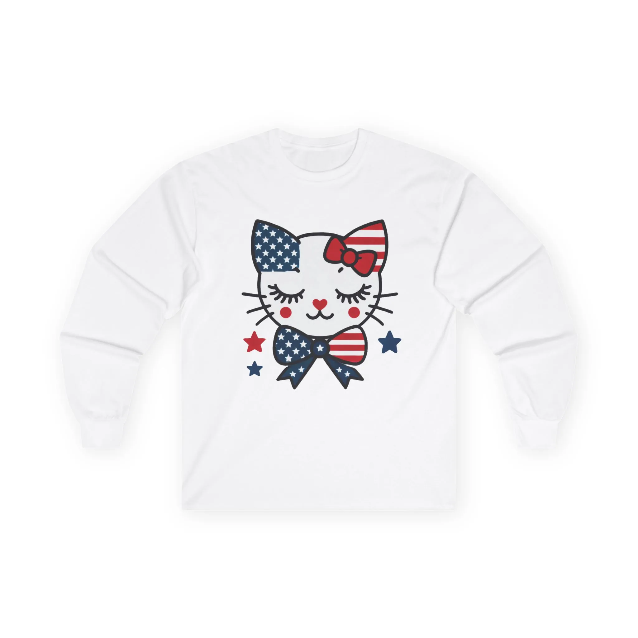 Cute Patriotic Cat Long Sleeve Tee, Women's T-Shirt for Independence Day, 4th of July Celebration, Animal Lover Gift, USA Flag Design - Image 4