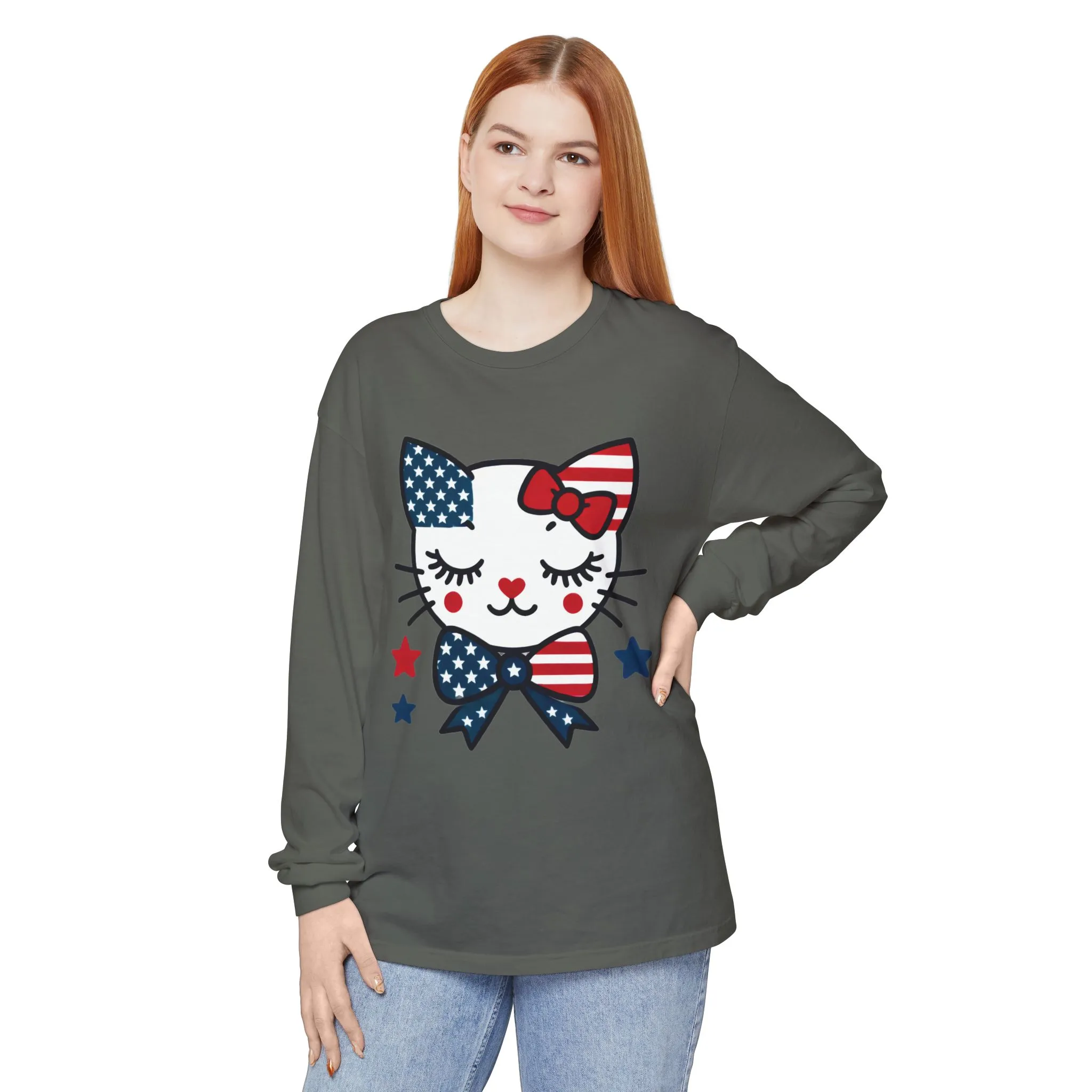 Patriotic Cat Long Sleeve T-Shirt, Womens Tee, Perfect for Fourth of July, Animal Lover Gift, Cozy Casual Wear, Holiday Apparel - Image 6