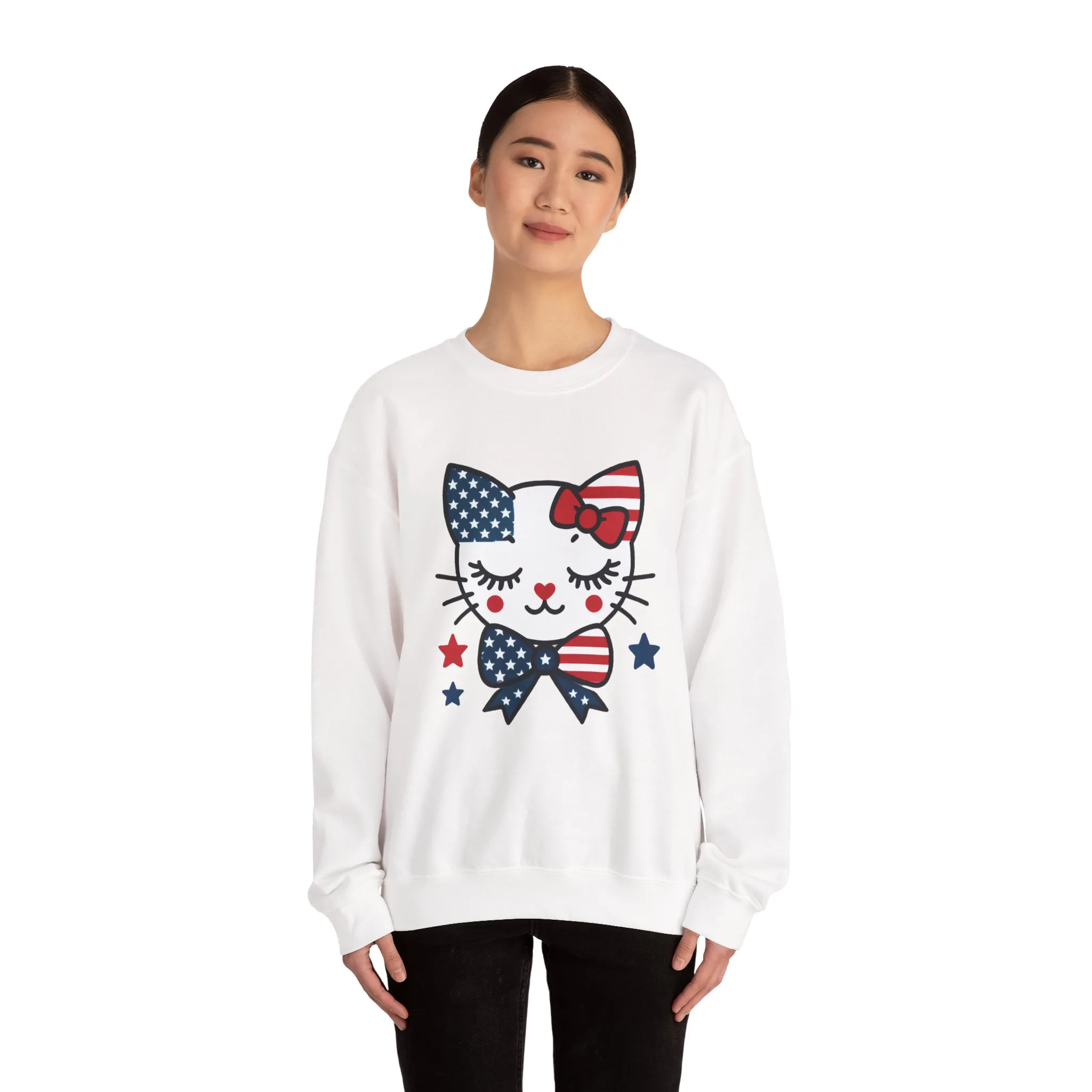 Cute Cat American Flag Sweatshirt, Women's Crewneck, Perfect for 4th of July, Women's Casual Wear, Cat Lovers Gifts