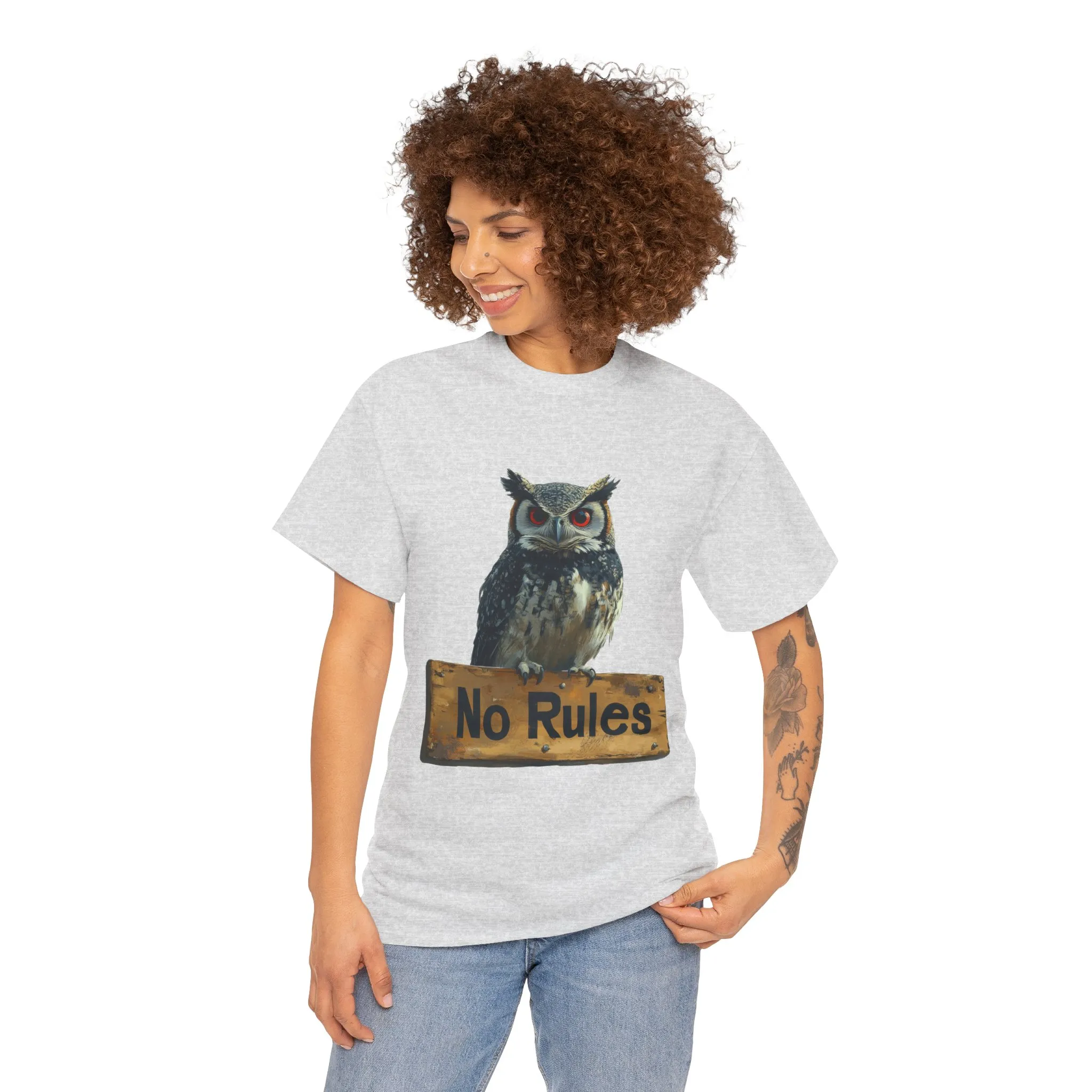 No Rules Owl Graphic T-Shirt, Unisex Heavy Cotton Tee, Funny Animal Shirt, Rebellious Bird Tee Gift for Him or Her - Image 6