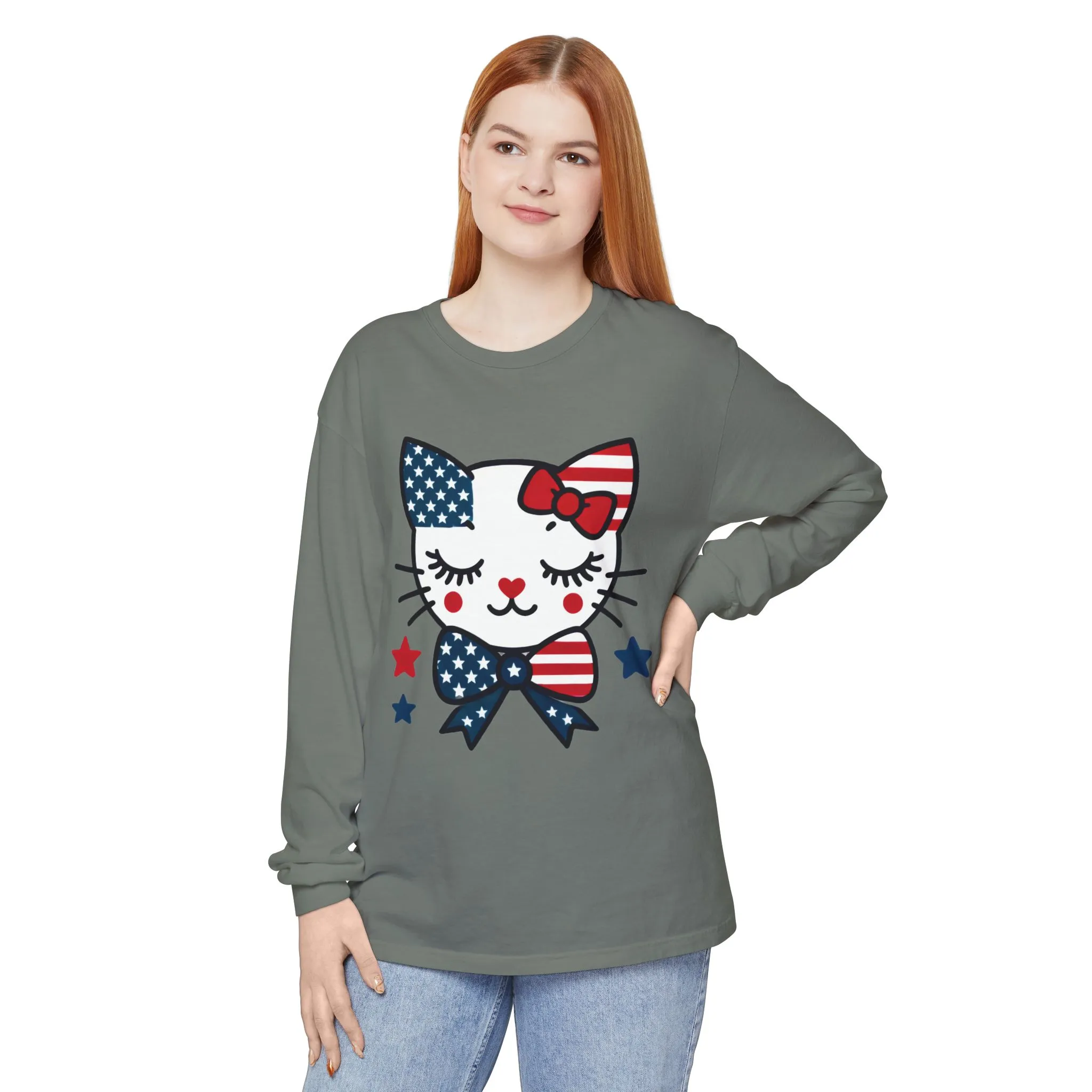 Patriotic Cat Long Sleeve T-Shirt, Womens Tee, Perfect for Fourth of July, Animal Lover Gift, Cozy Casual Wear, Holiday Apparel - Image 8