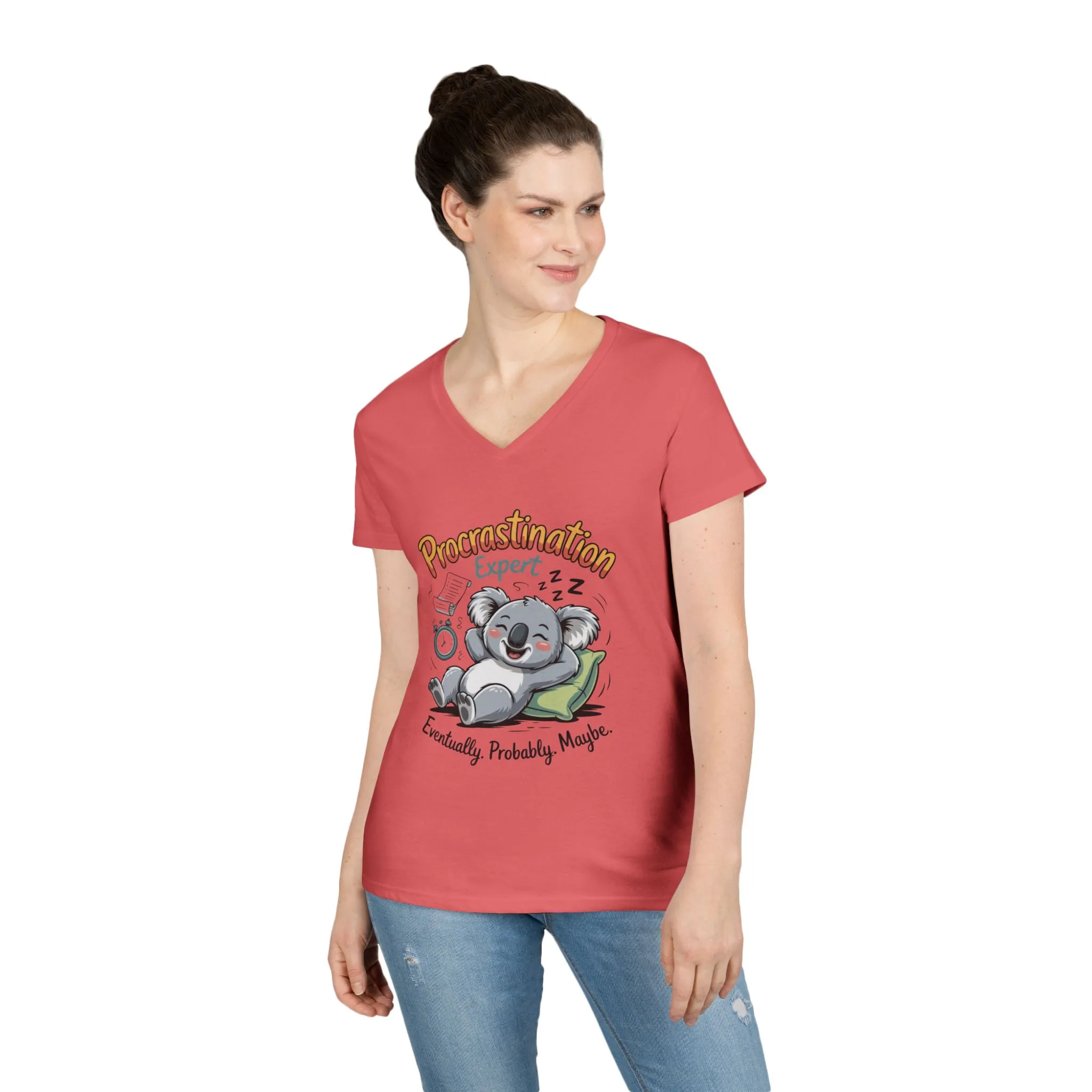 Procrastination Expert Ladies' V-Neck T-Shirt, Fun Tee for Lazy Days, Gift for Students, Casual Wear, Motivational Shirt, Cute Koala Design - Image 18